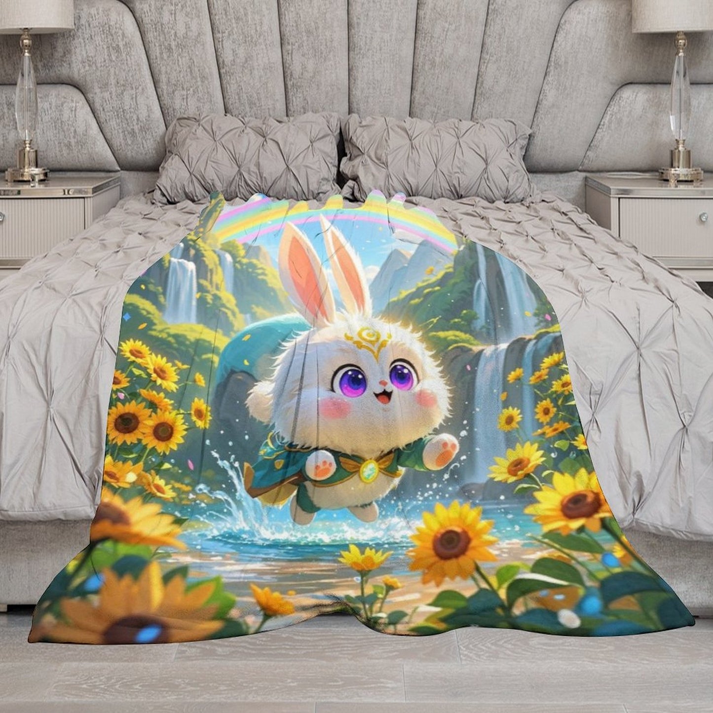 Blanket Cover Warm And Cozy Plush Flannel Blanket with Cute Elf Bunny Print for Sofa Living Room Blanket