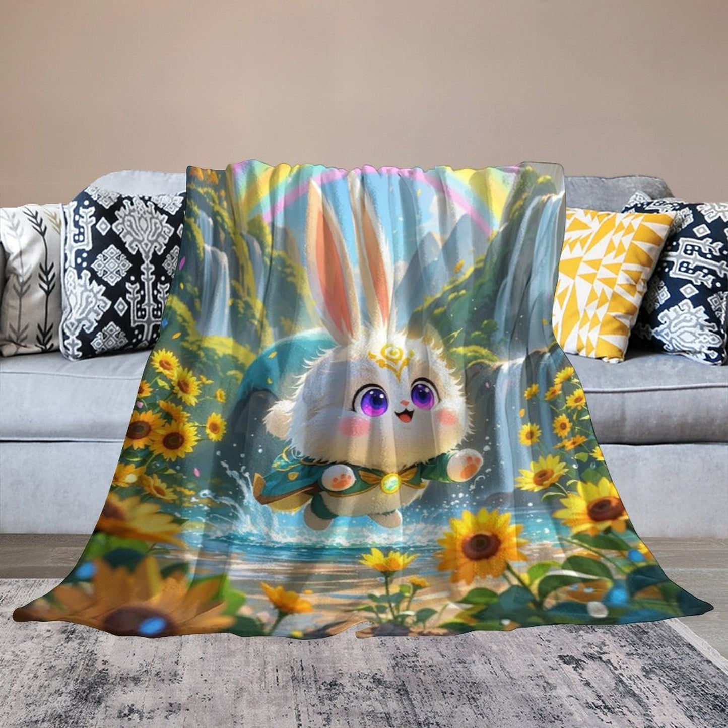 Blanket Cover Warm And Cozy Plush Flannel Blanket with Cute Elf Bunny Print for Sofa Living Room Blanket