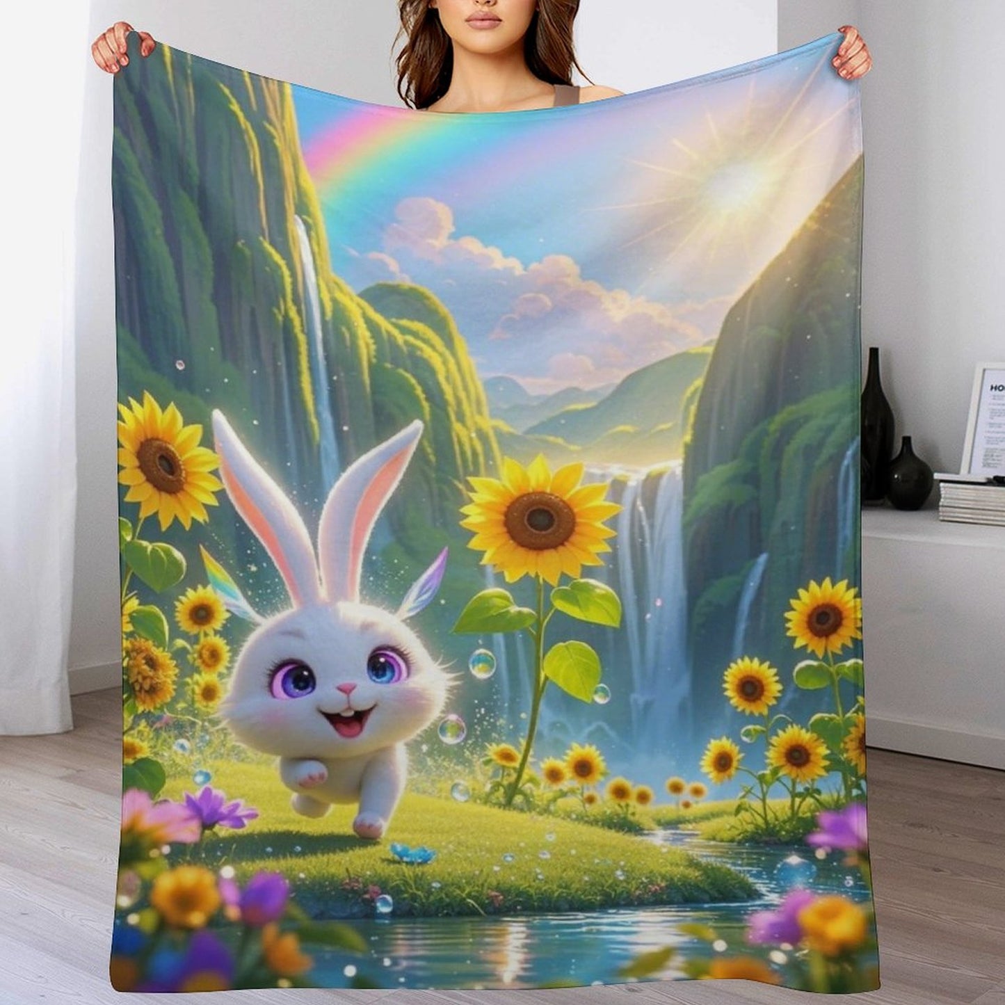 Blanket Cover Warm And Cozy Plush Flannel Blanket with Cute Elf Bunny Print for Sofa Living Room Blanket