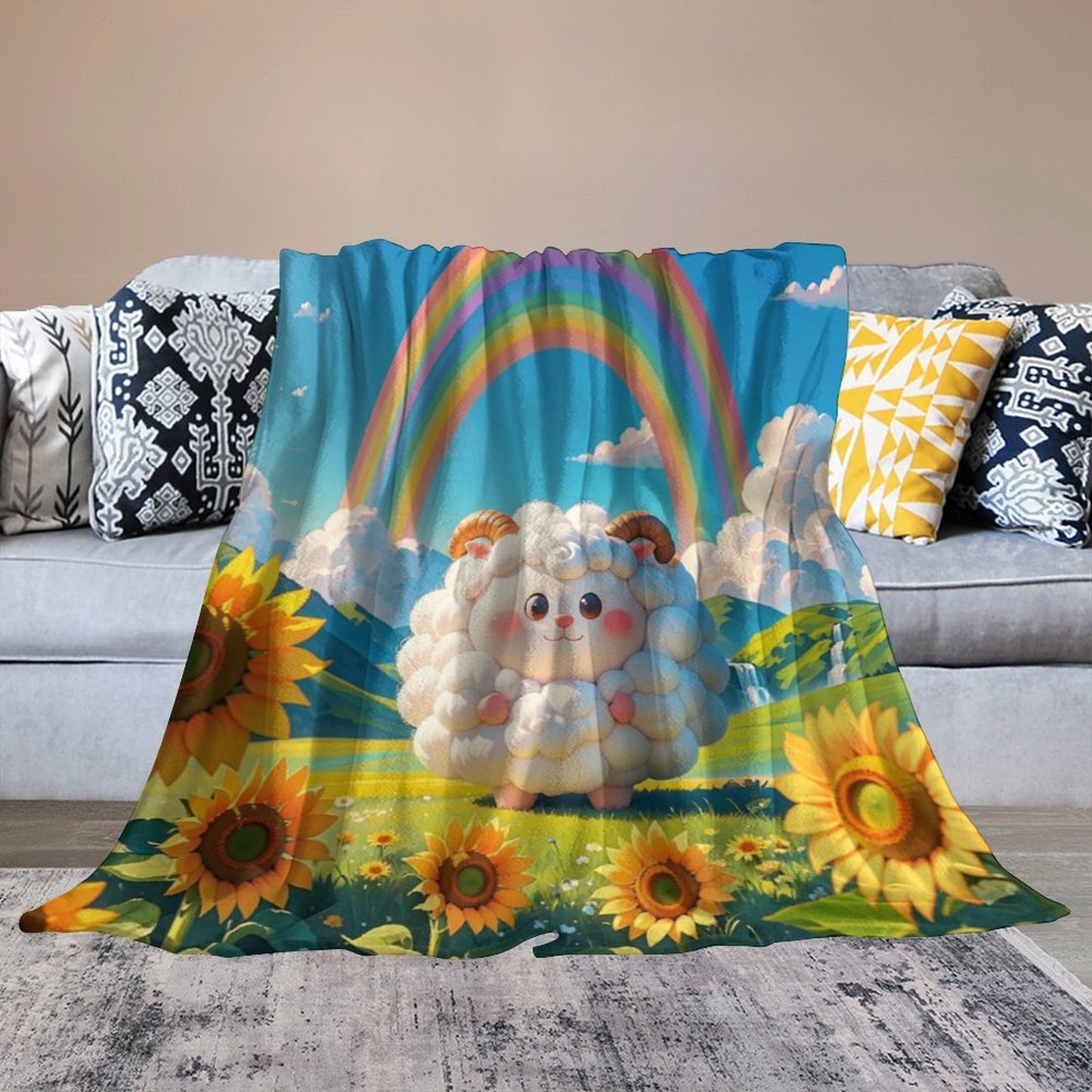 Blanket Cover Warm And Comfortable Plush Flannel Blanket with Cloud Sheep Print for Sofa Living Room Blanket