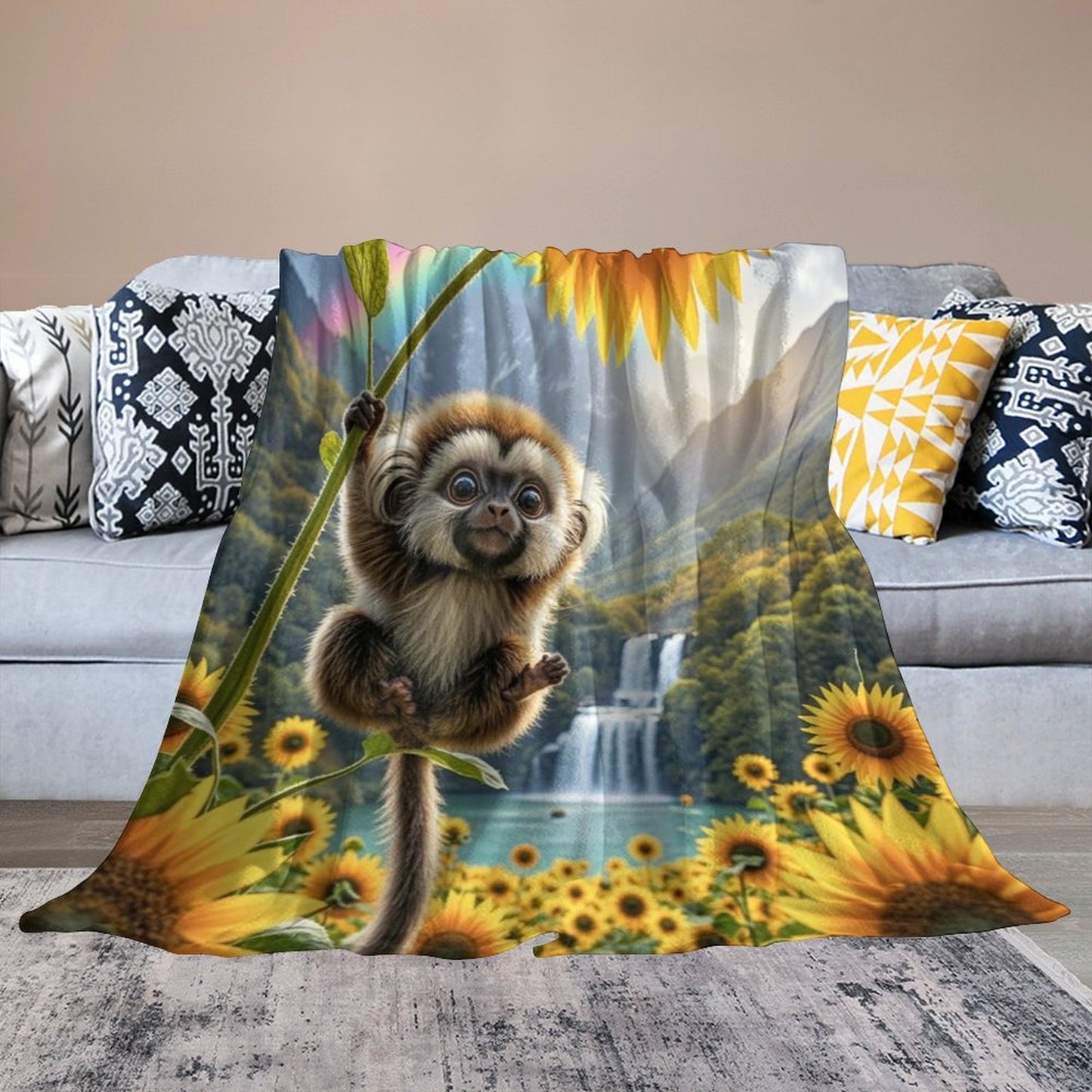 Blanket Cover Warm And Cozy Plush Flannel Blanket with Cute Pom Pom Monkey Print for Sofa Living Room Blanket