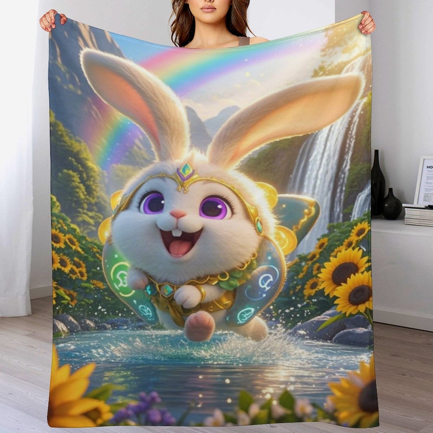 Blanket Cover Warm And Cozy Plush Flannel Blanket with Cute Elf Bunny Print for Sofa Living Room Blanket