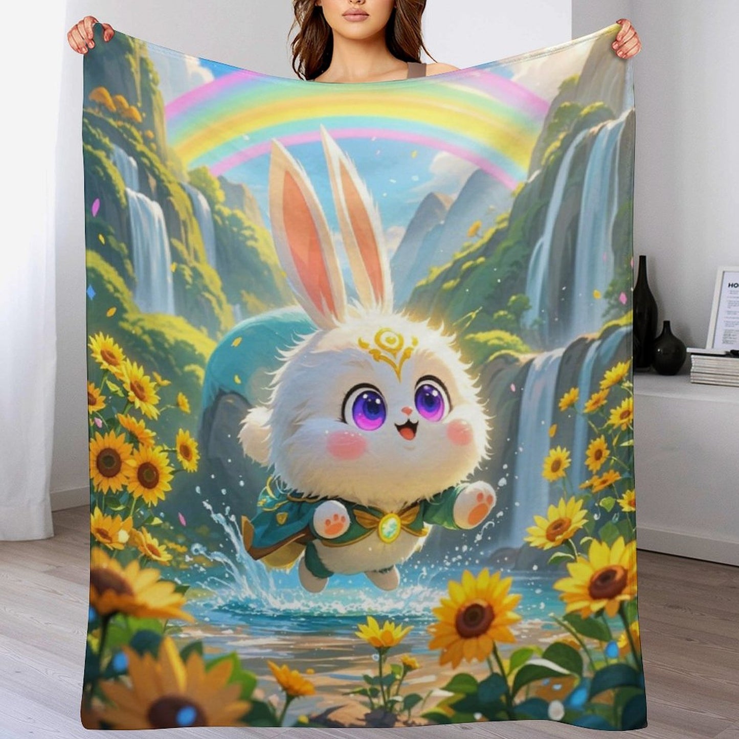 Blanket Cover Warm And Cozy Plush Flannel Blanket with Cute Elf Bunny Print for Sofa Living Room Blanket