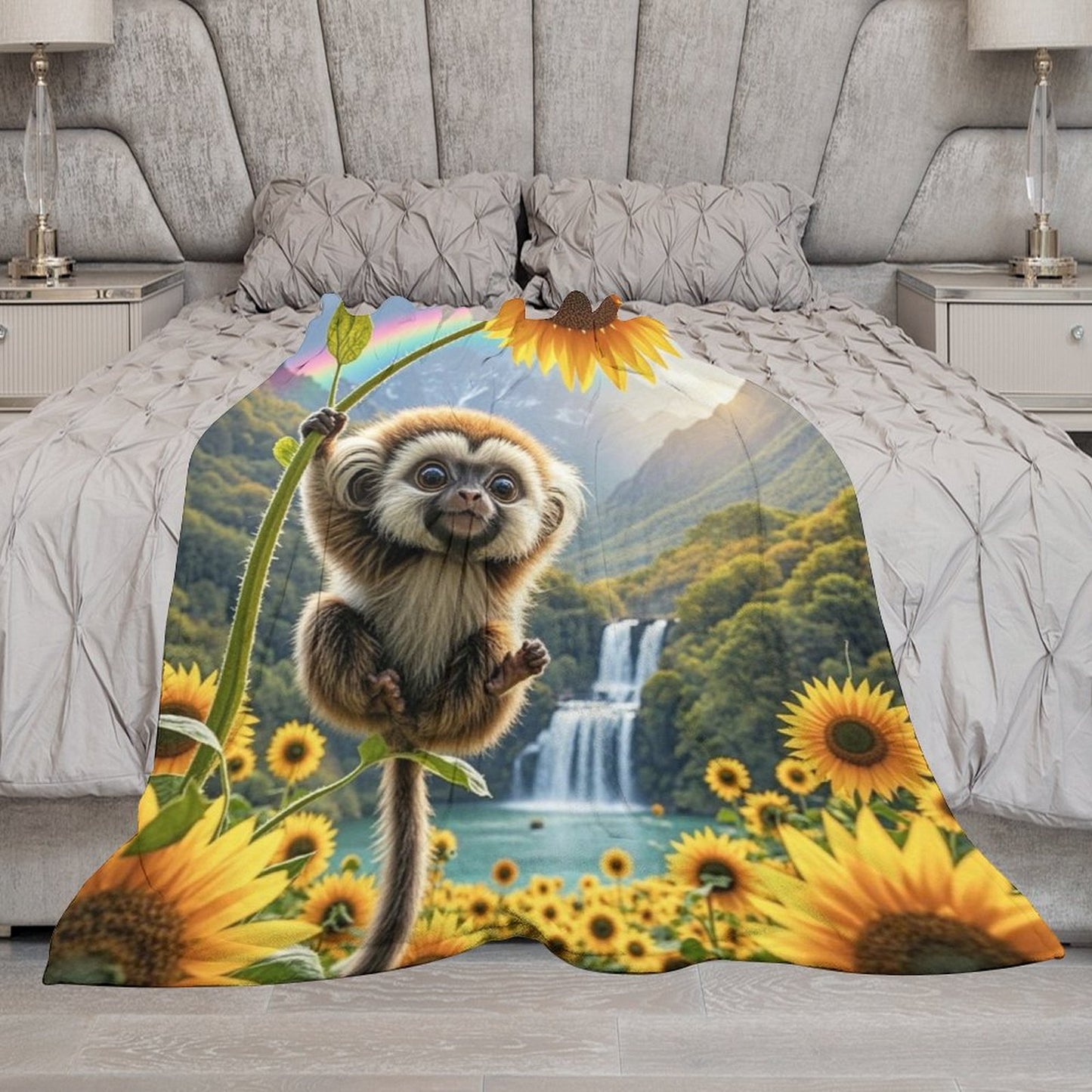 Blanket Cover Warm And Cozy Plush Flannel Blanket with Cute Pom Pom Monkey Print for Sofa Living Room Blanket